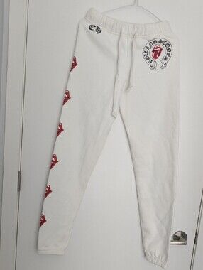 Rolling Stones White Women Graphic fleece-lined Joggers with Red Tongue Logo